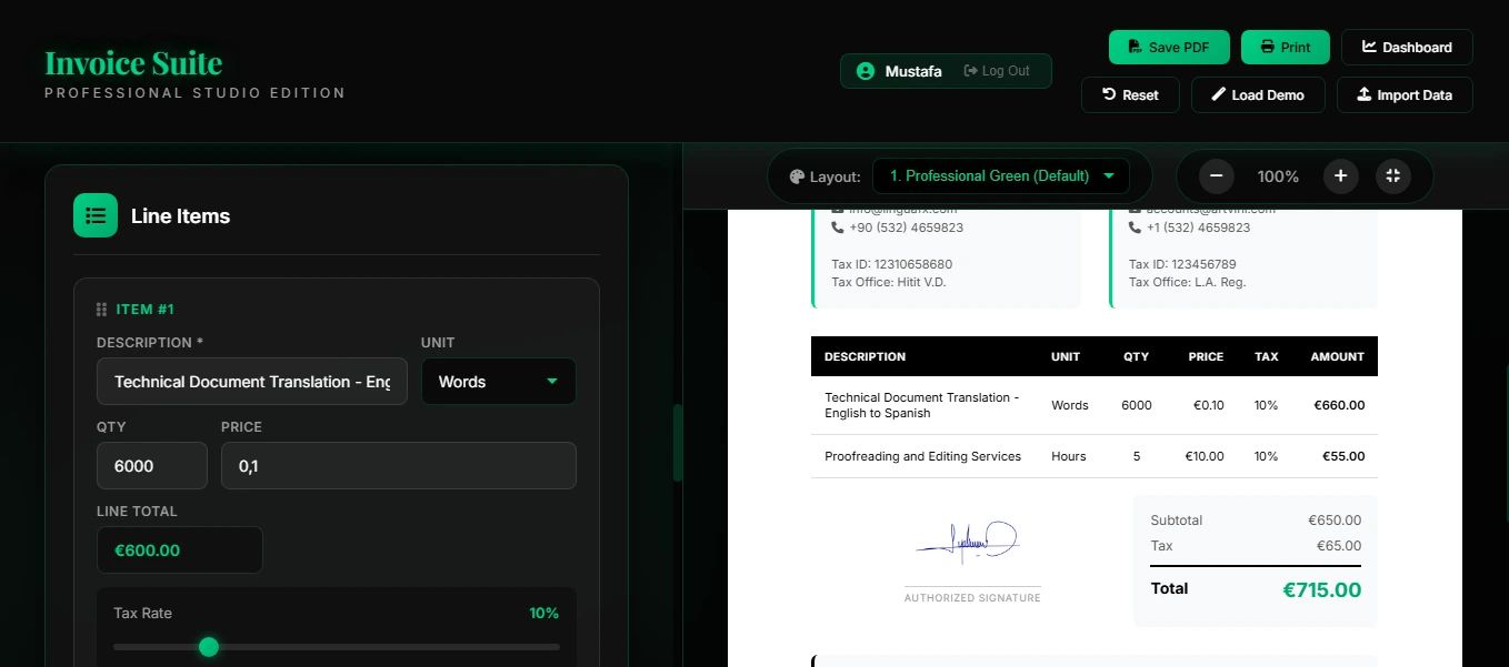 Invoice Suite Application Interface